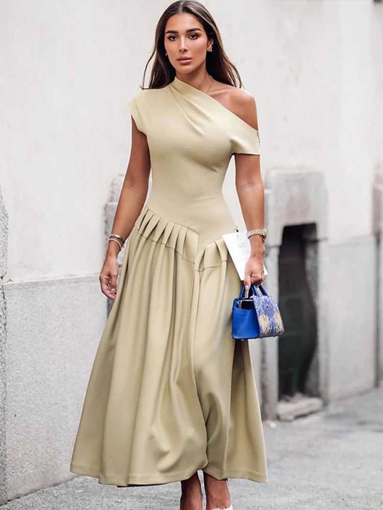 Elegant Long Dress Women Loose Skew Collar Sleeveless A Line Robe Female 2025 Spring Summer Solid Fashion High Waist Dress LadyXJ250514