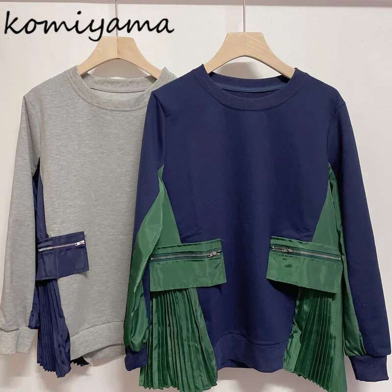 Contrast Pleated Ropa Mujer Zipper Pocket Patchwork Hoodies Women Long Sleeve O Neck Sweatshirts Fall Womens Clothing Hoodie Designer