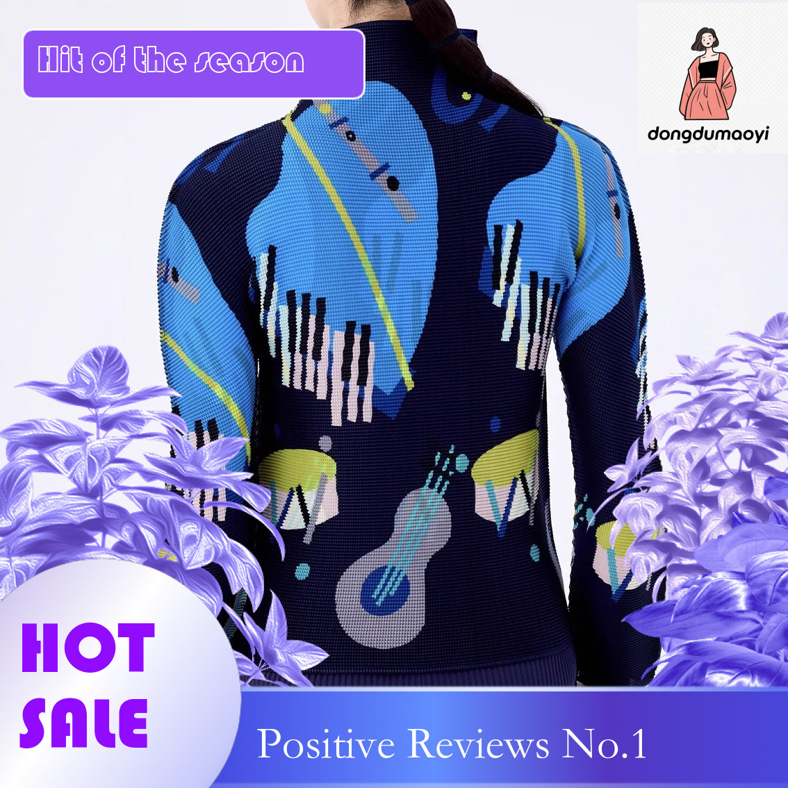 dongdumaoyi Counter pleated T-shirt for women 2024 long sleeved printed new fashion hoodie base shirt