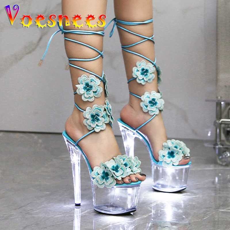Women Transparent Platform High Heels Light Up Glowing Luminous Sandals Handmade Flowers Ankle Strap 17CM Summer Shoes For Women W250514