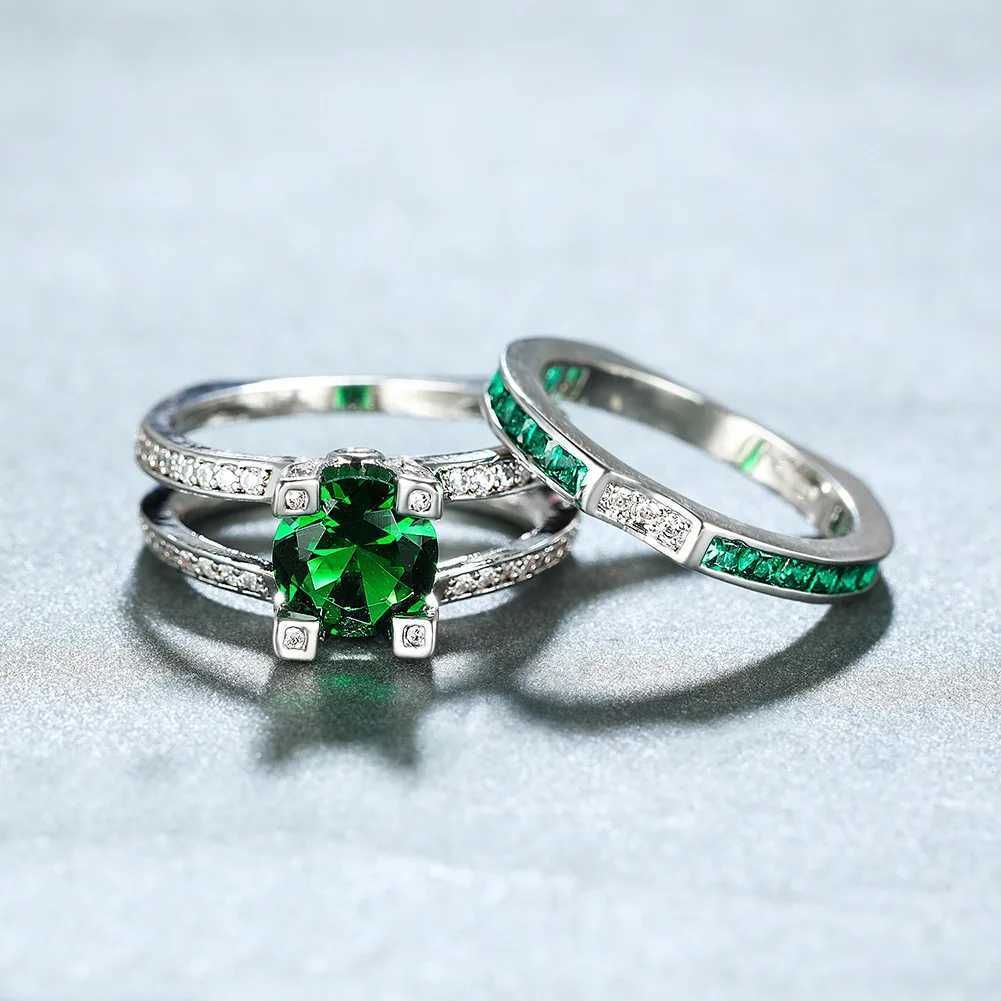 Handmade Lab Emerald Diamond Ring Set 925 Sterling Silver Wedding Band Rings for Women Men Promise Party Jewelry GiftXJ250514