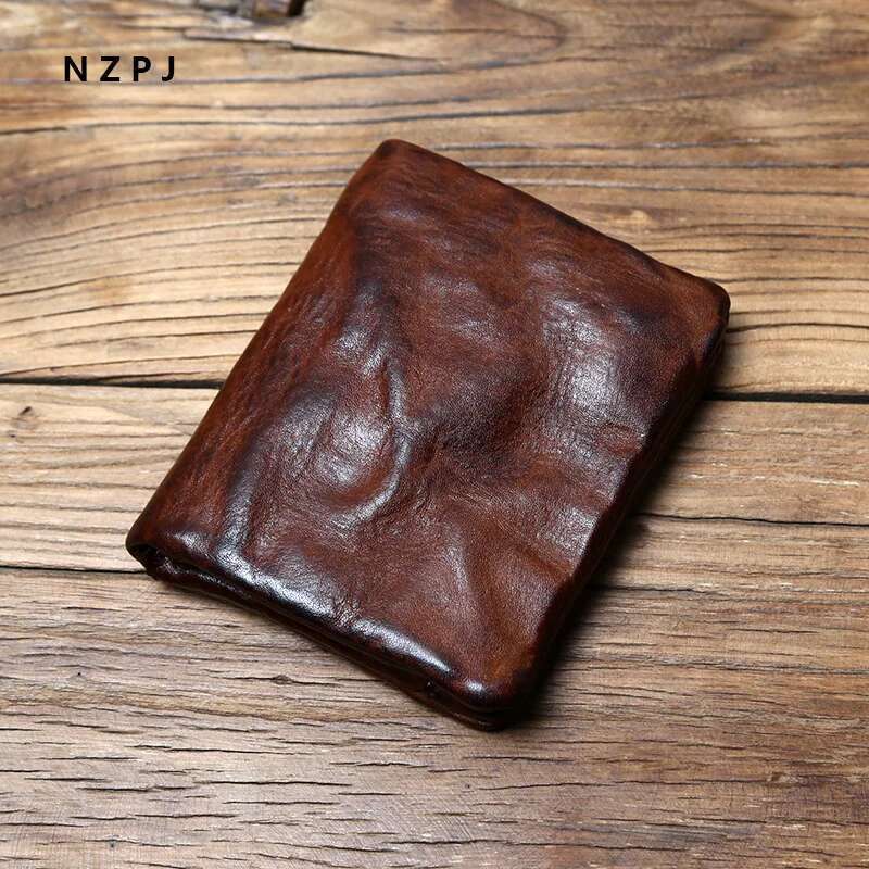 NZPJ Men's Cowhide Retro Women's Short Vegetable Tanned Leather Vertical Wallet Youth Zipper ID Card Case