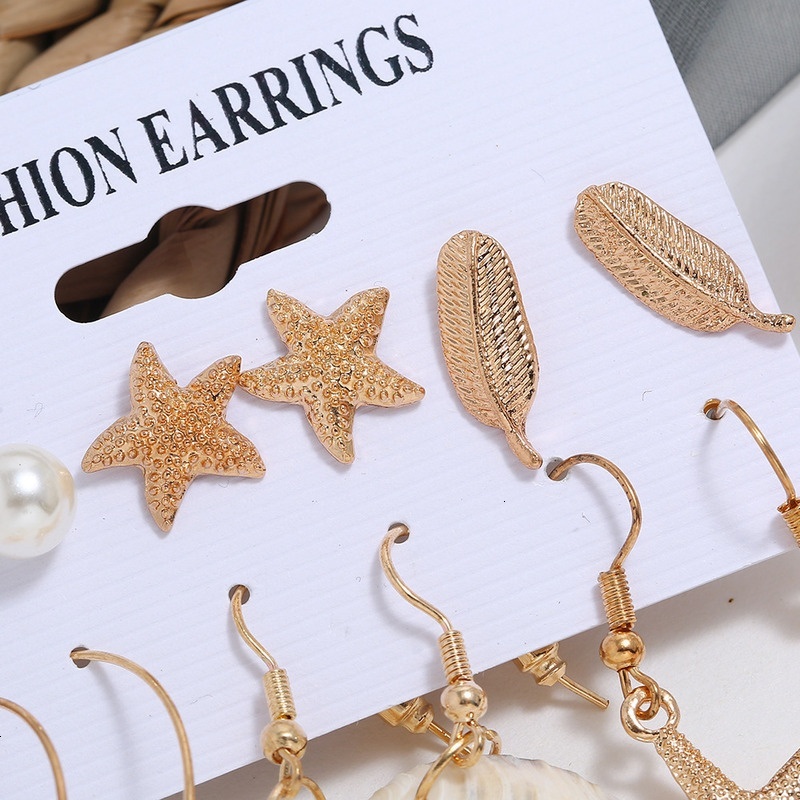 New earring accessories starfish large circle scallop star leaves pearl 6 pairs set earrings