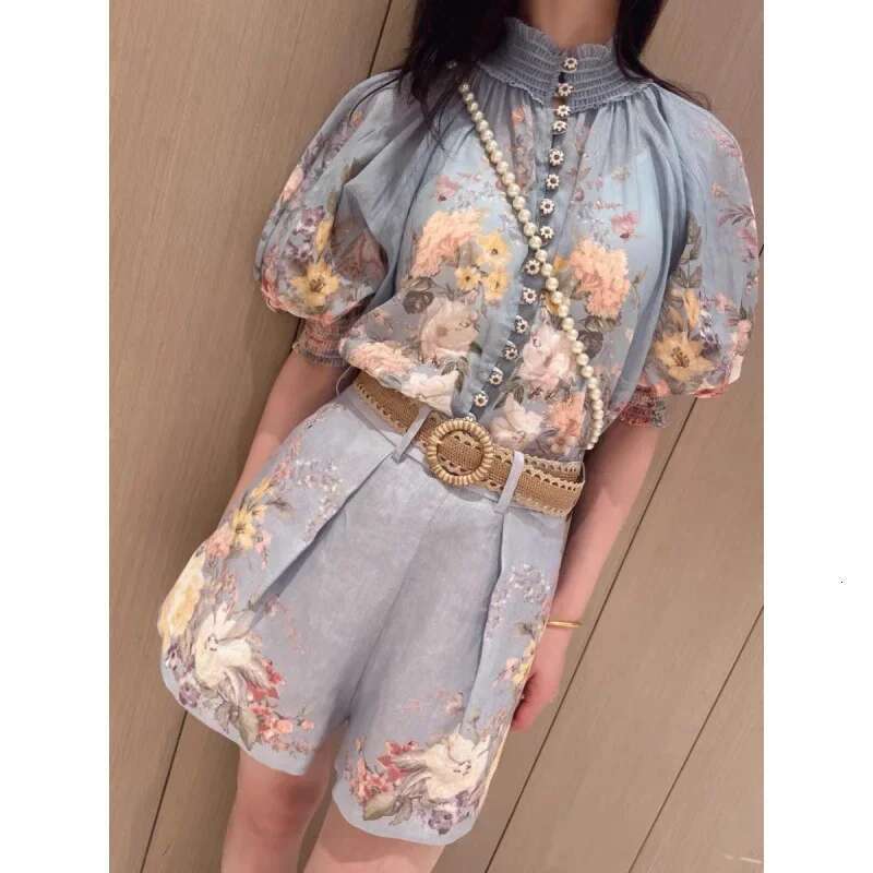 Plus Designer Print Cotton Linen Bubble Sleeve Shirt Shorts Belted High End Women's plus Size Clothing Chinese Style Sum...