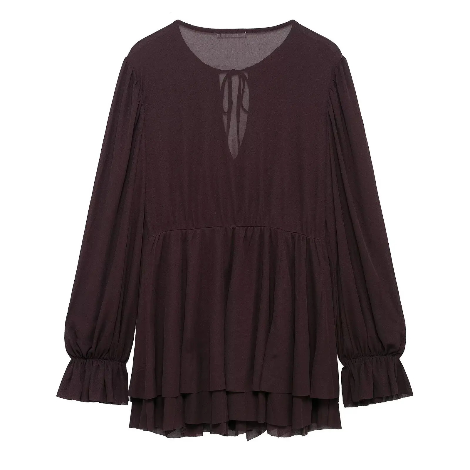Zevity Women Summer Cascading Ruffles Solid Loose Mesh Mini Dress Female Chic Long Sleeve Lace Up Casual Vestidos DS9063 250514