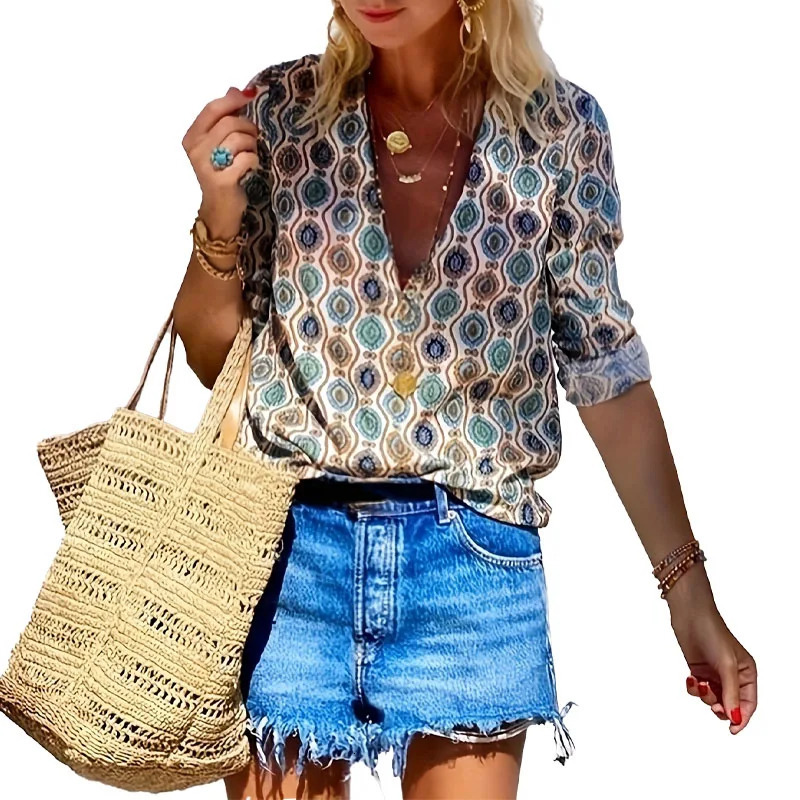 Womens Casual Long Sleeve Cuffed V Neck Blouses Plaid Print Cotton Shirts Tops 250514