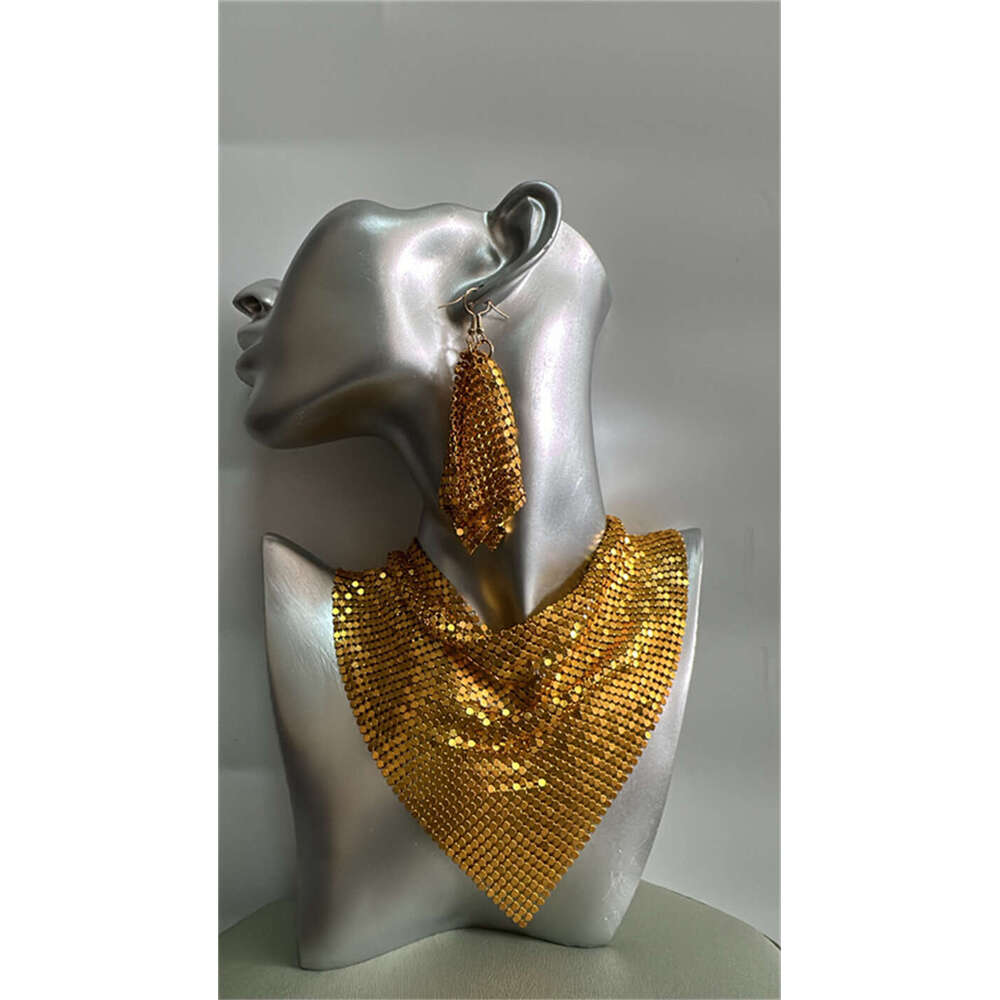 Triangle sequin silk scarf fake collar set with exaggerated personality collarbone necklace earrings pendant 24258