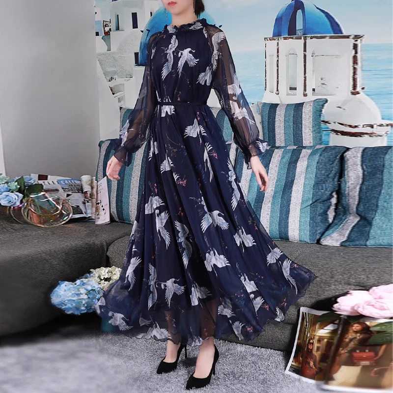 2024 Boho Floral Print Summer Dress Women Vestidos Elegant Fashion Loose Chiffon Long Slve Muslim Abaya Islamic Clothing Robe X250514