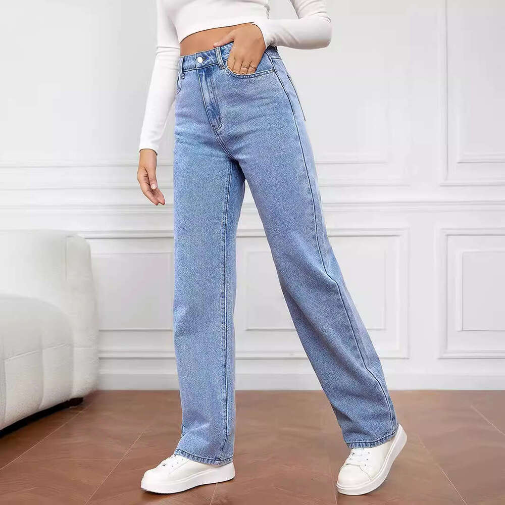 2025 Stretch Washed Denim Fashionable Straight Leg Long High Waisted Jeans Pants for Women New Product All-match Model Leisure and Leisure Loose