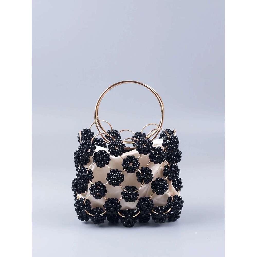 New Black Ball Beaded Dinner High Quality Women's Hollow Out Bag Fashion Versatile Handheld