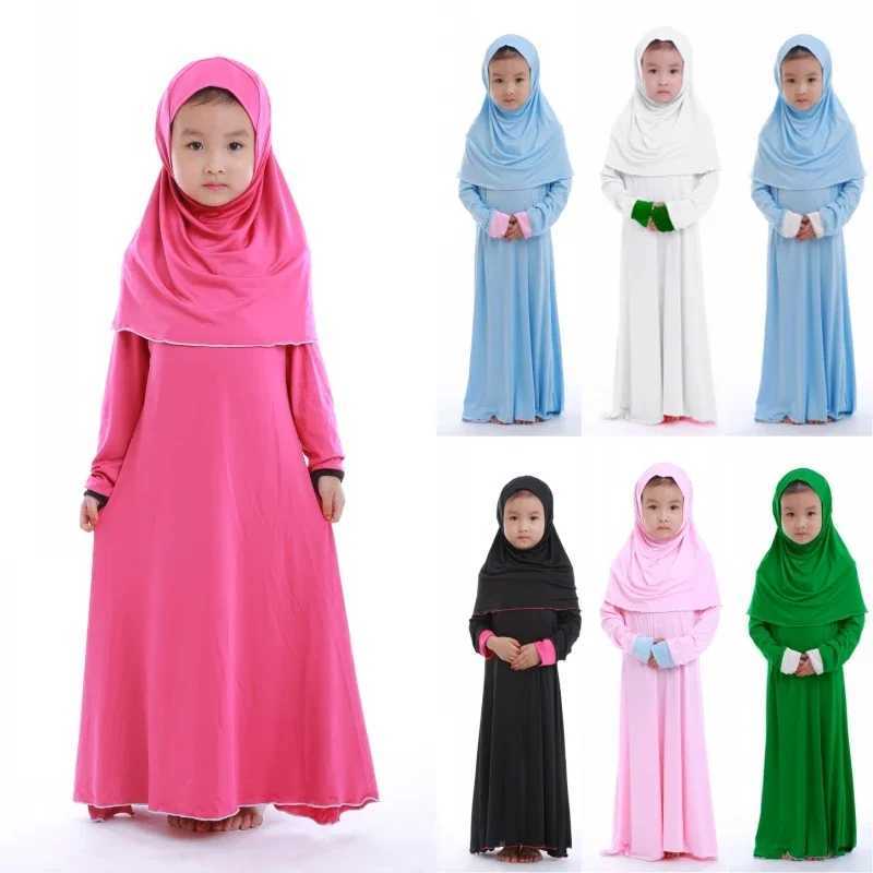 Muslim Kids Girls Prayer Dress Hijab Abaya Robe Arab Dubai Children Ramadan Kaftan Headscarf Islamic Eid Party Gown X250514