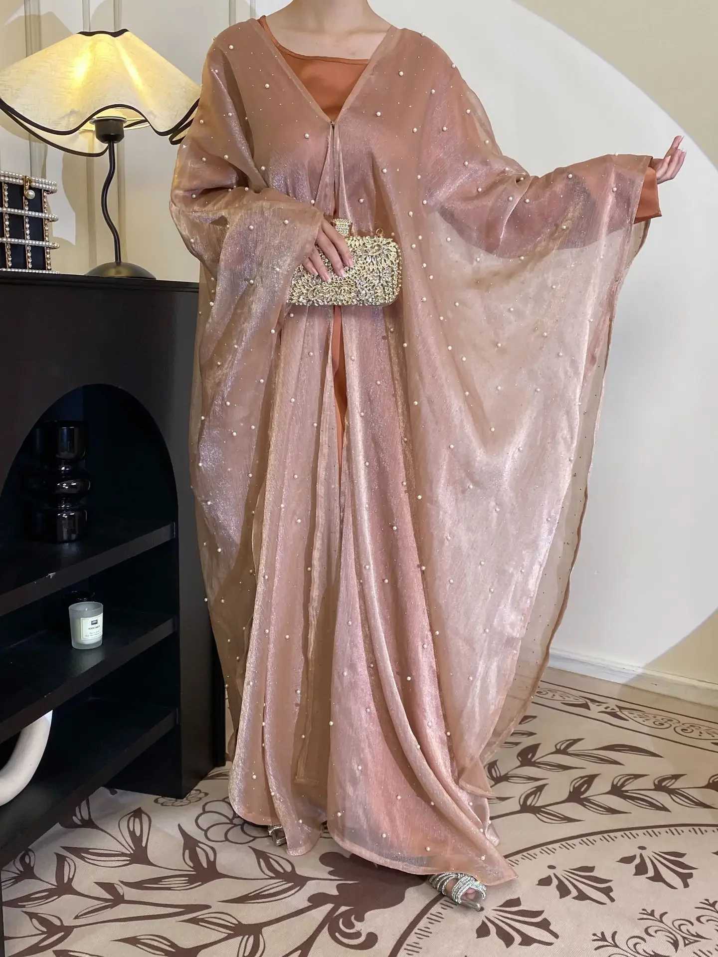 Women Muslim Clothing Abaya Pearl Dress Robe 2 Piece Set Dubai Shiny Kimono Abayas Islam Jalabiya Eid Ramadan Gown Kaftan Suits X250514