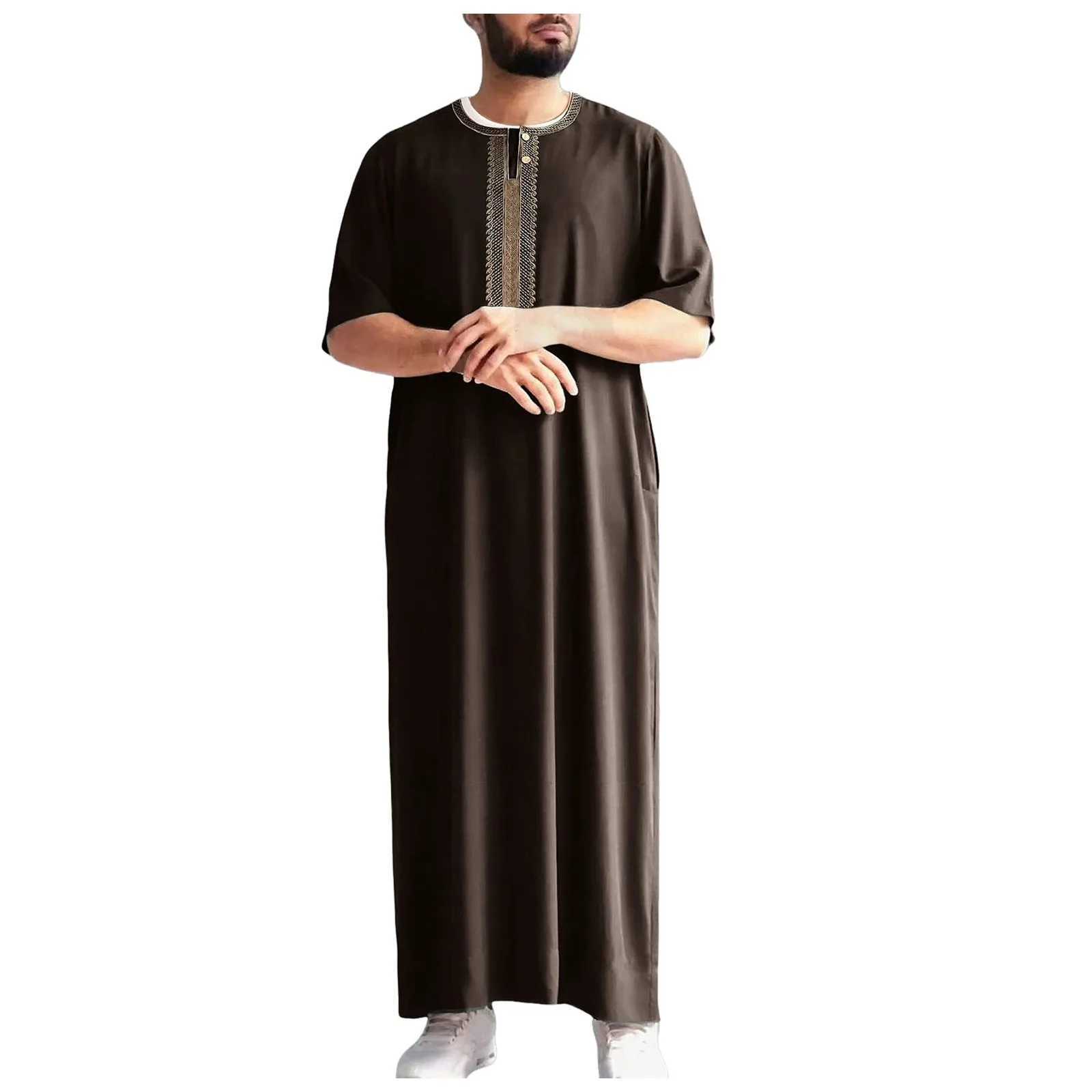 MenS Middle Eastern Retro Muslim Robe Fashion Mid Sleeve Embroidered Ethnic Moroccan Shirt MenS Robe Shirt With Side Pocket X250514