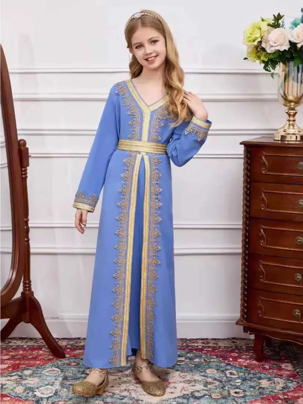 Abaya Eid Muslim Kids Girls Dresses Kaftan Lace Sashes Arab Long Robe Islamic Moroccan Jalabiya Prayer Children Turkey Vestidos X250514