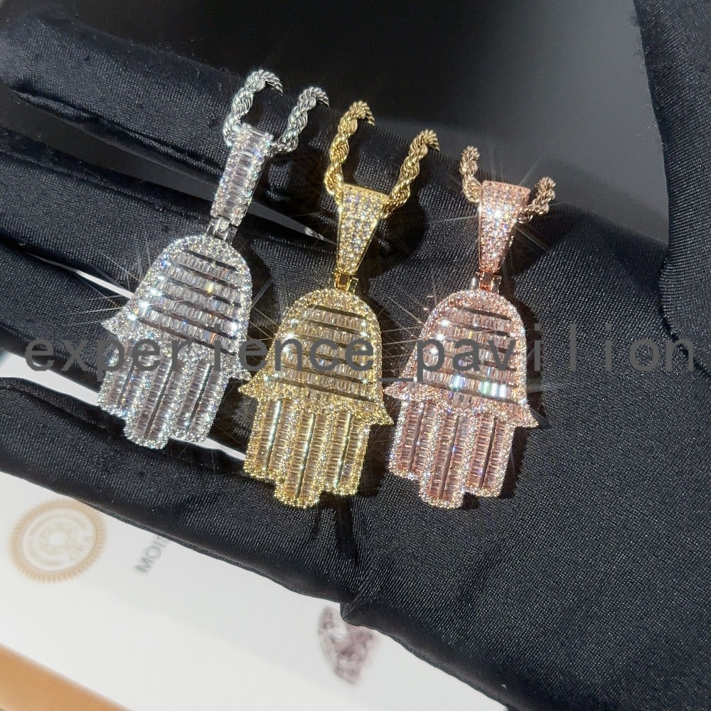 Instock Shipping Lab Diamond Pendant Hand Baguette Cut Hip Hop Pendant 925 Silver Moissanite Pendant With Free Rope Chain