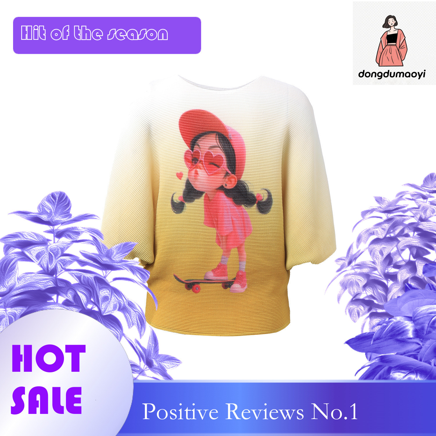 dongdumaoyi Miyake gradient t-shirt women's bat sleeves round neck loose pullover small shirt summer new commuting versatile top