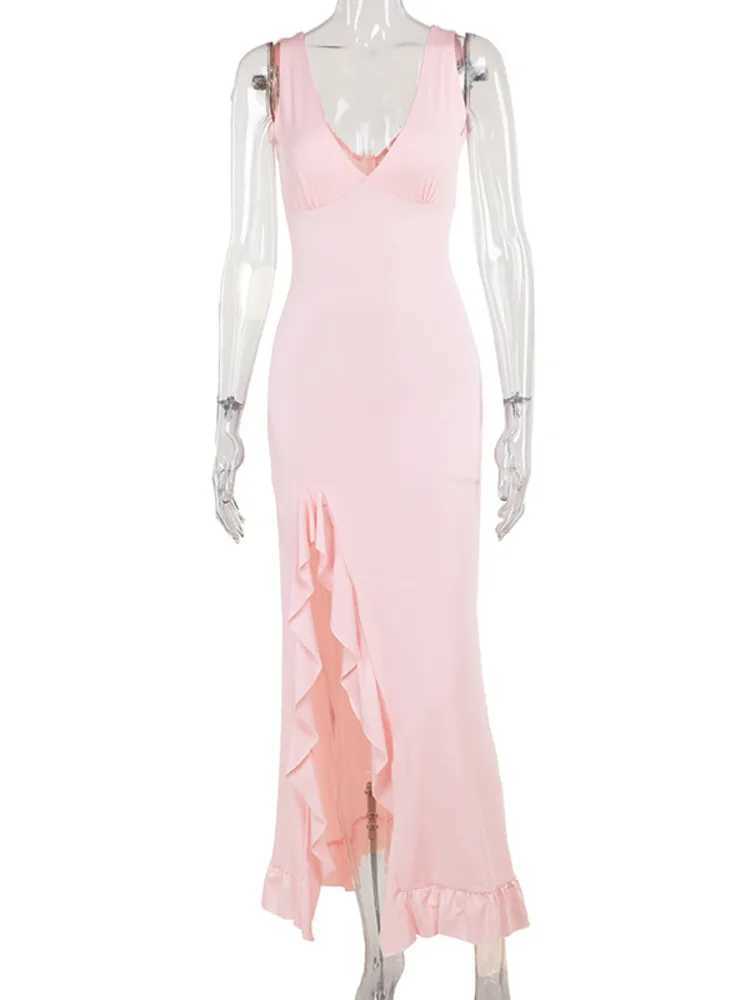 Mozision Elegant Sleeveless Ruffles Sexy Long Dress For Women Summer New Deep V Neck Backless Thigh High Split Maxi DressXJ250514