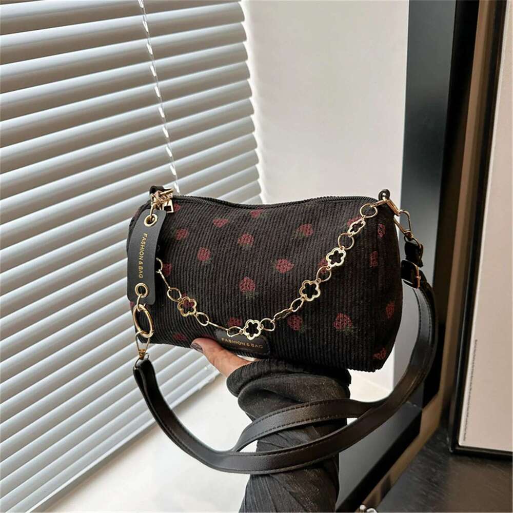 Mini Strawberry Printed Crossbody Bags Corduroy Fashion Underarm Handbags Female Student Large Capacity Travel Shoulder Bag