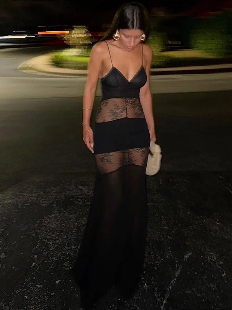 Lace See Through Sling Maxi Dress Women Sexy Slim Black Backless Sleeveless Long Dresses Female Summer Chic Party Evening Robes 250514