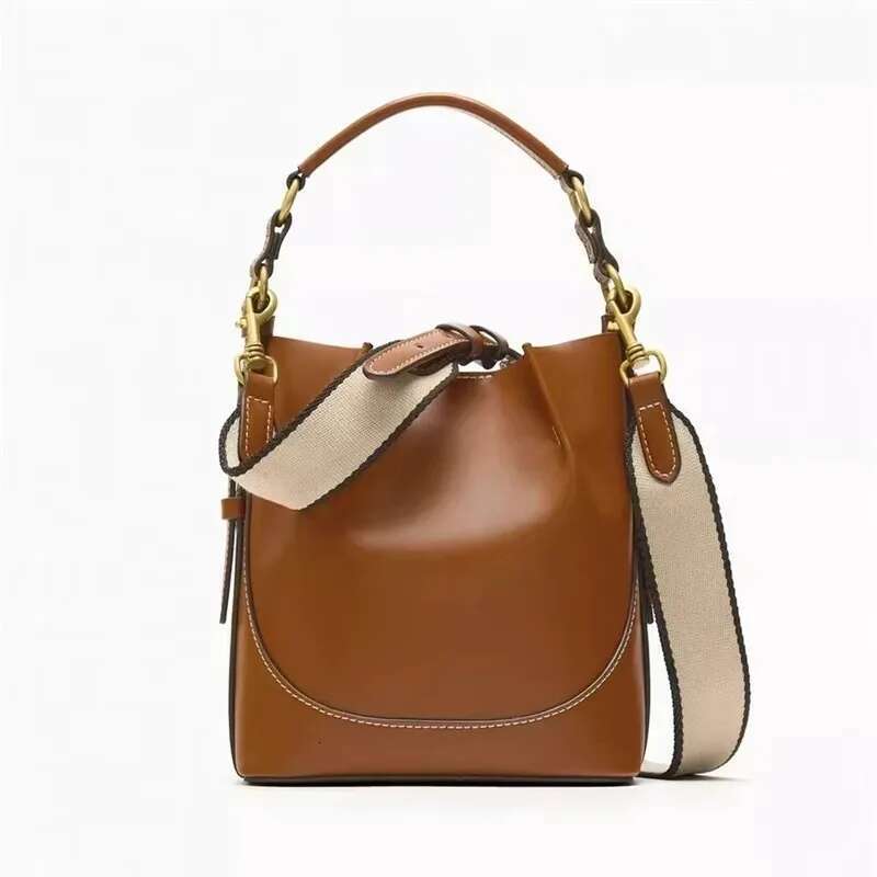 2024 Fashion New Women's Brown Korean Style Portable Crossbody Wide Drawstring Bucket Bag