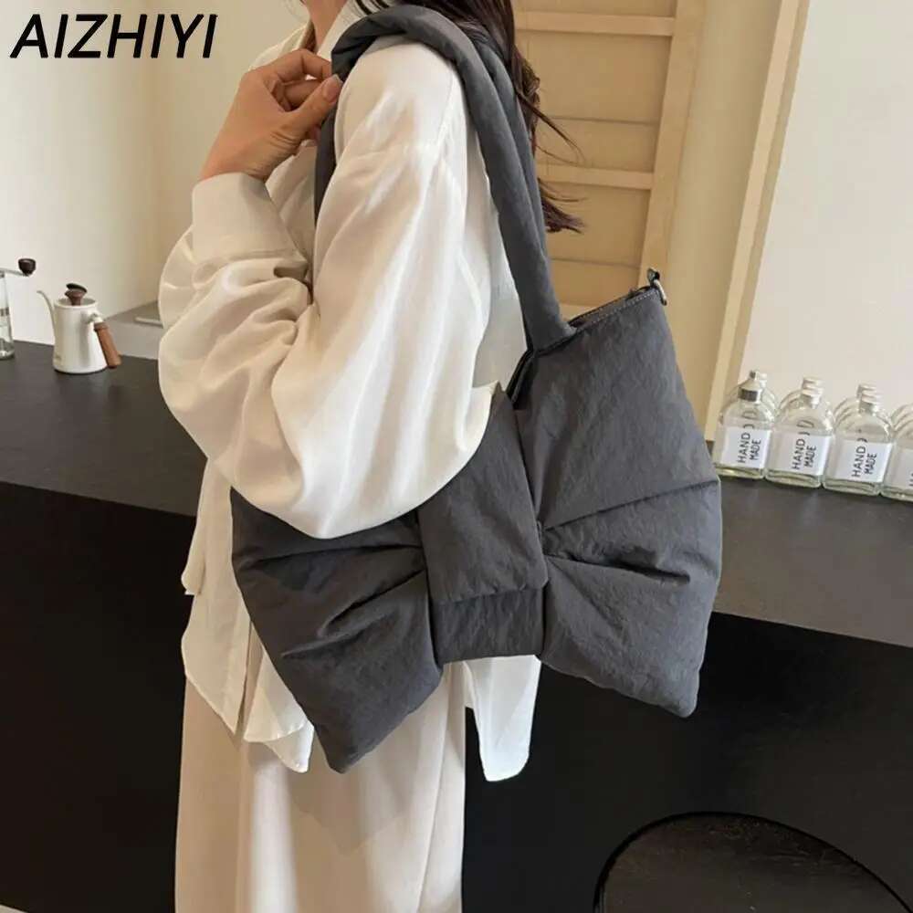 Nylon Puffer Shoulder Women Bowknot Tote Adjustable Strap Female Puffy Handbags Purse Causal Crossbody Messenger Bag
