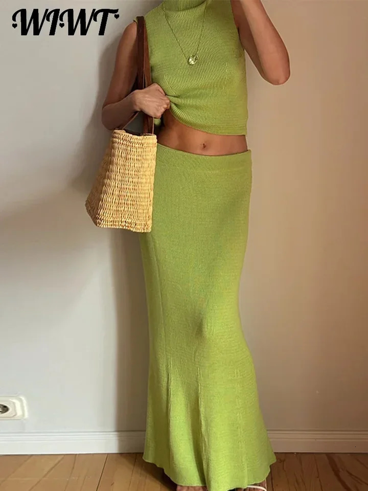 Slim Knit Turtleneck Vest Skirts Set Women Green Sleeveless Sweater Waistcoat High Waist Skirt Autumn Ladies Elegant Outfit 250513