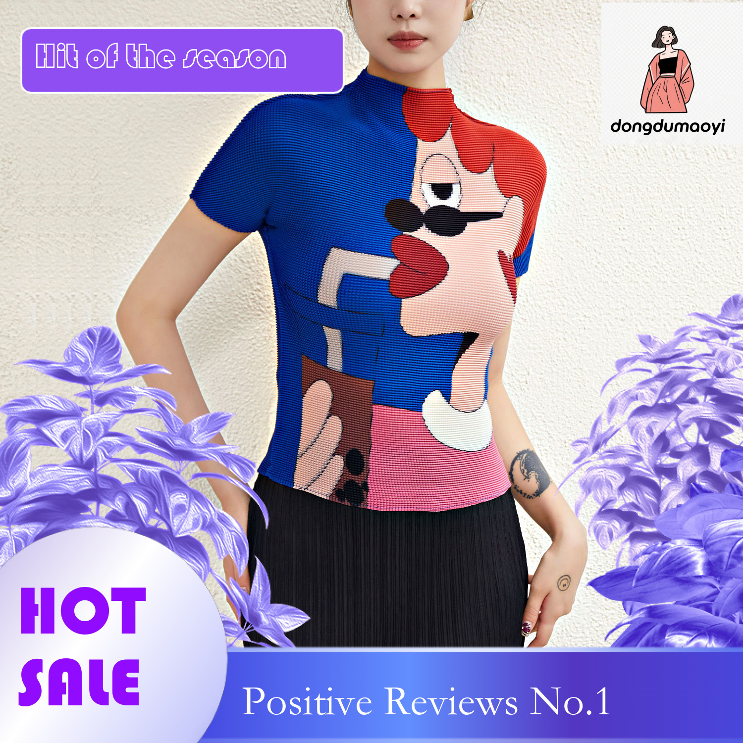 dongdumaoyi Miyake printed short sleeved T-shirt for women's summer 2024, new pleated design, slim fit bottom shirt, top