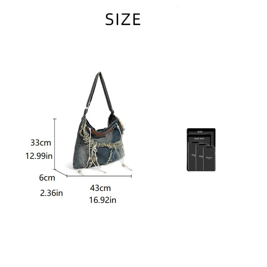 Y2K Korean Harajuku Gothic Hobo Denim Bag Aesthetic Vintage Purses WomenHandbag Crossbody Messenger Tote Peddler Shoulder Bags 250514