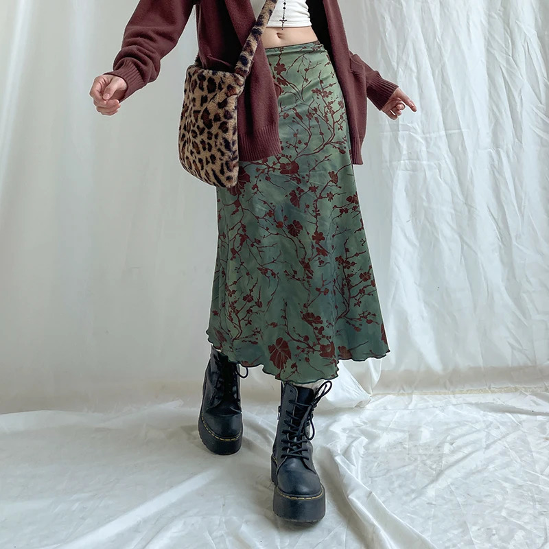 Rockmore Green Floral Printed Midi Skirt Fairycore Grunge Y2K Aesthetics Vintage Low Waist Womens Harajuku Outfit Clothing 250514