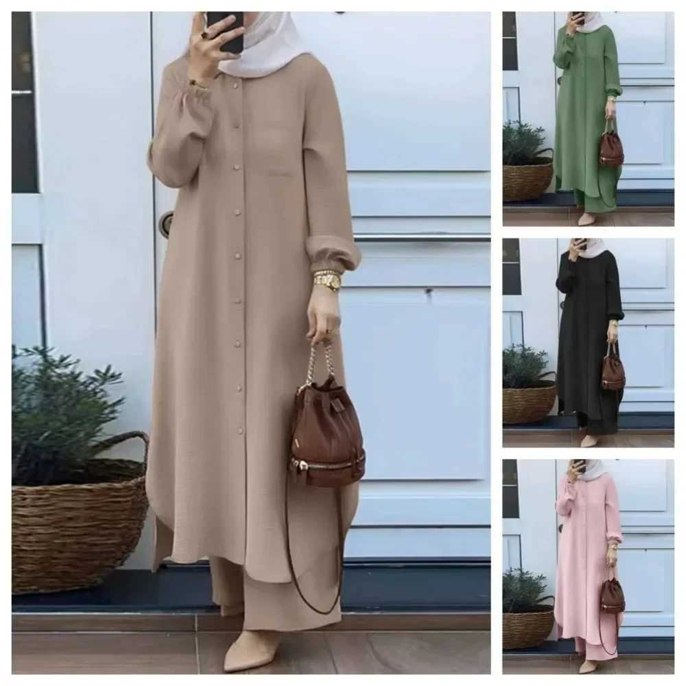 Fashionable Muslim Womens Floral Print Two-Piece Set Long Shirt Wide Leg Pants Spring Autumn Vintage Clothing Ensemble X250514