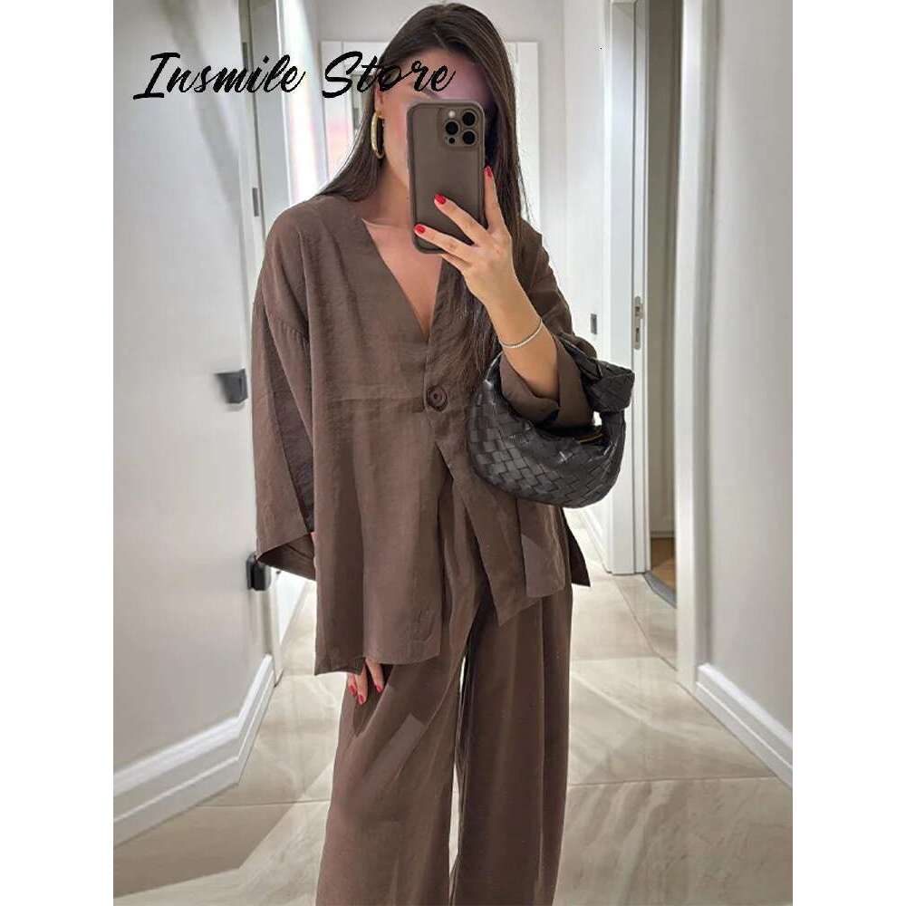 Casual Solid Women Pants Suits V-neck Single Buttons Loose Top Wide Leg Trousers 2025 Spring Summer New Fashion Female Sets