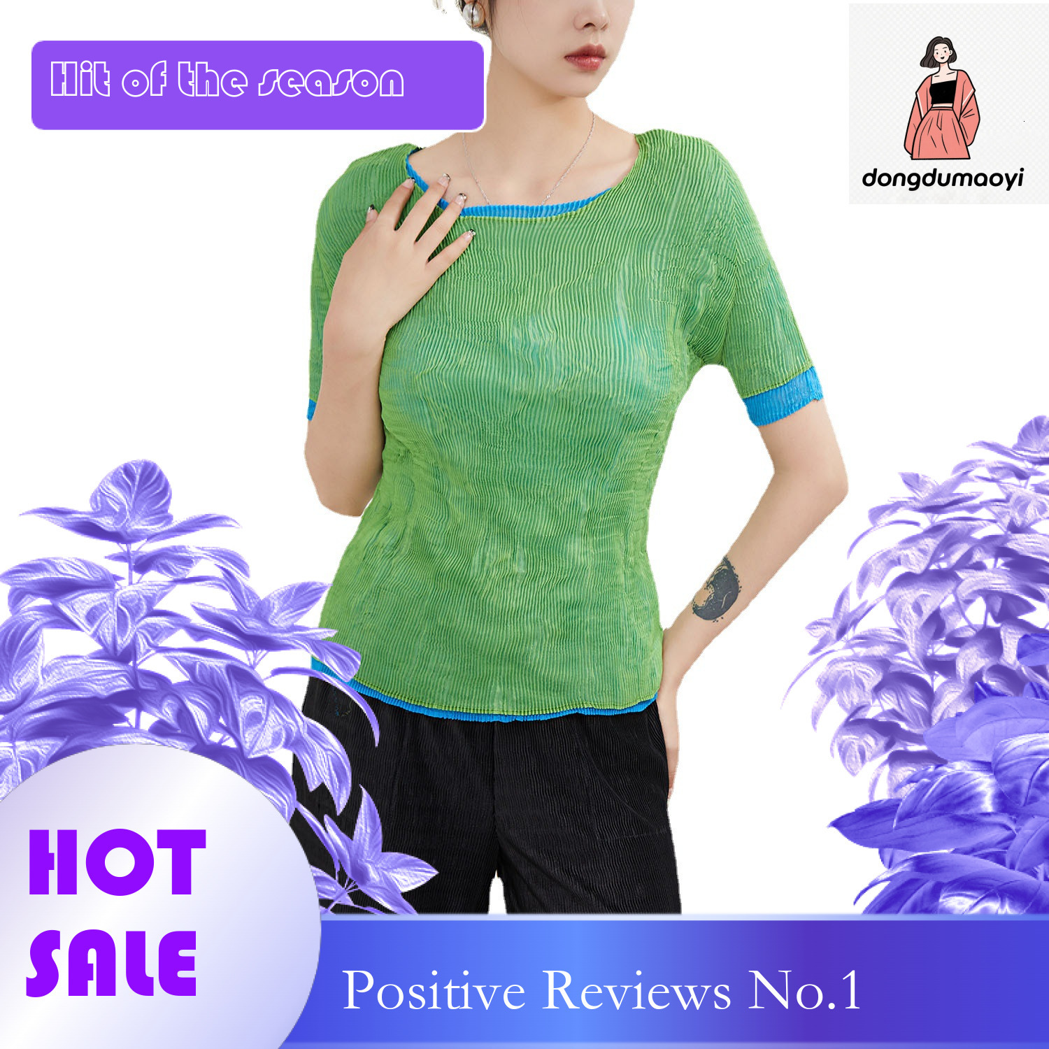dongdumaoyi Miyake summer vacation two short sleeved T-shirts with women's pleated design, unique and niche slim fit bottom shirt, top in Instagr