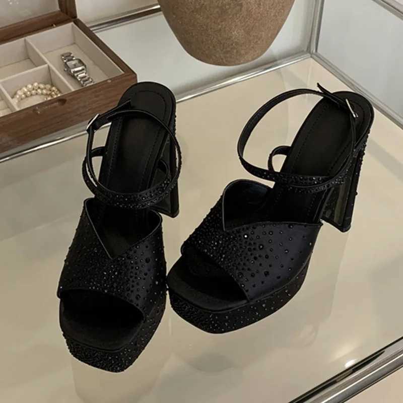 Similar Fashion Rhinestone High Heels Women Sexy Sandals Crystal Silk Ankle Strap Female Square Toe Chunky Platform Shoes Black W250514