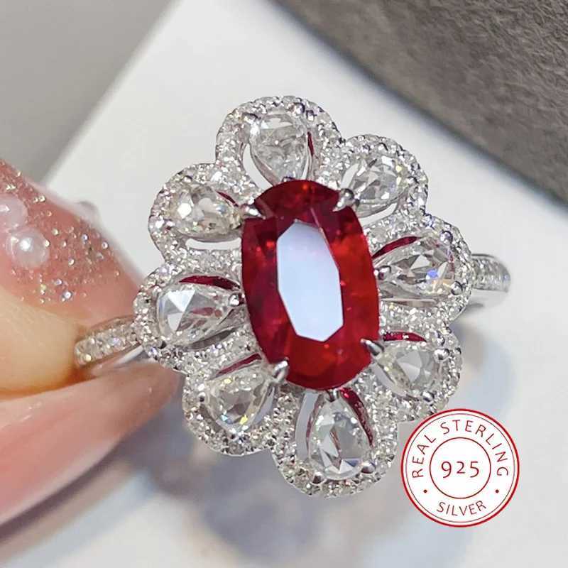 Luxury Red Oval Gemstone Ring Fashion 925 Sterling Silver White Drops Full of Diamond Zircon High-end Banquet Party JewelryXJ250514