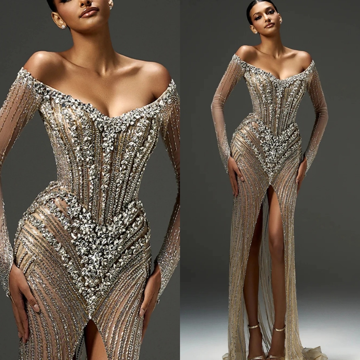 Sexy Illusion High Slit Prom Dresses Sparkly Beads Rhinestones Evening Dress Customized Off The Shoulder Cocktail Gown