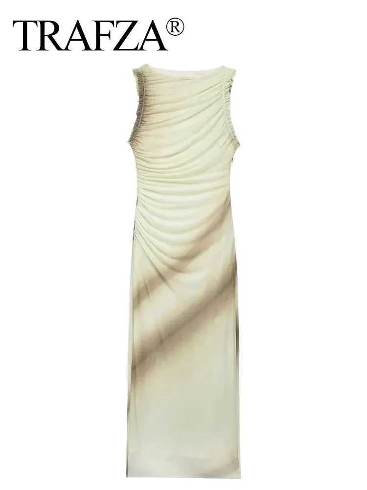 TRAFZA 2024 Womens Ruched Tulle Bodycon Dress Summer Print Ruffle Mesh Long Dress Female Sleeveless Midi Elegant Party DressesXJ250514