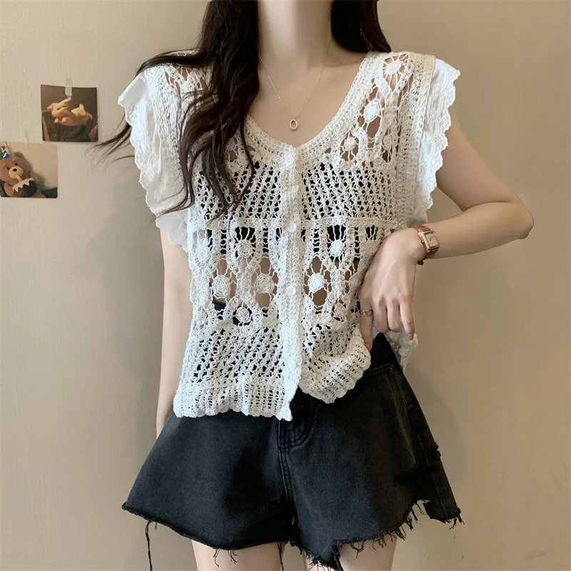 Crochet Top Button Front Blouse Butterfly Sleeve Sheer Openknit Crop Vest Tops Women Teengirl Summer Boho Vacation Outfit 250514