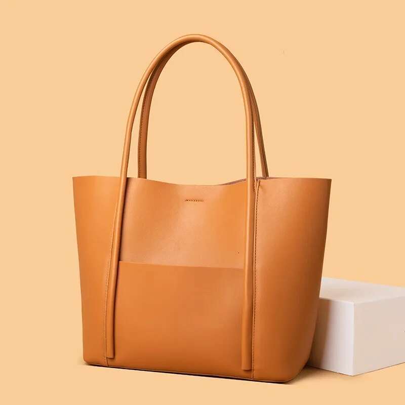 Genuine Leather Women's 2025 New Style Simple Large Capacity Tote Shoulder Two-Layer Cowhide Big Bag