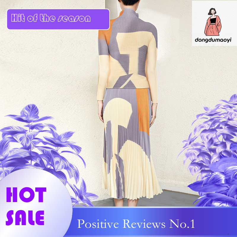 dongdumaoyi Printed base shirt pleated two-piece for spring and autumn new style long sleeved high-end feeling hanging half skirt women's top set