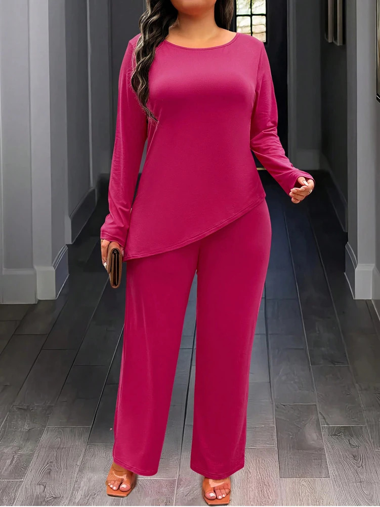 Large solid color knitted round neck long sleeved fashionable casual slim fit twopiece set for home outdoor loose and comfortable use 250427