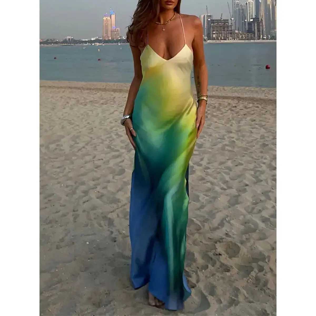 Combhasaki Womens Summer Boho Cami Long Dress Gradient Color Spaghetti Strap V-Neck Backless Beachwear Party Maxi SundressXJ250514