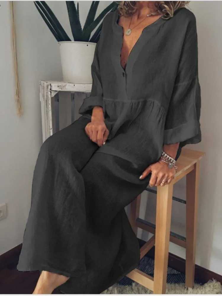 Long Loose Cotton Linen Dress For Women 2024 Summer Casual Buttons Long Sleeve Shirt Dress Vacation Female Clothing DressesXJ250514
