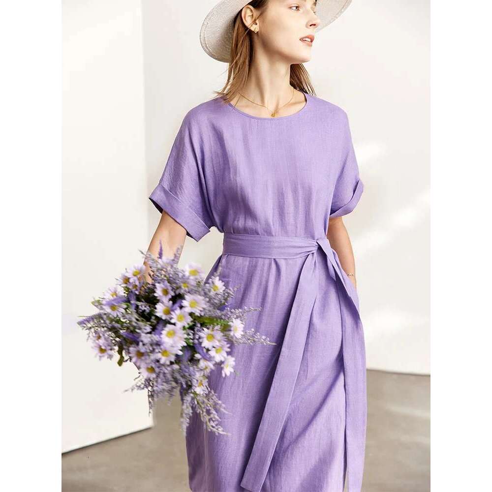 AMII Minimalist Women Dress Summer New 100% Linen Niche Fashion Artistic Temperament O-Neck Dresses Vestidos 12342278
