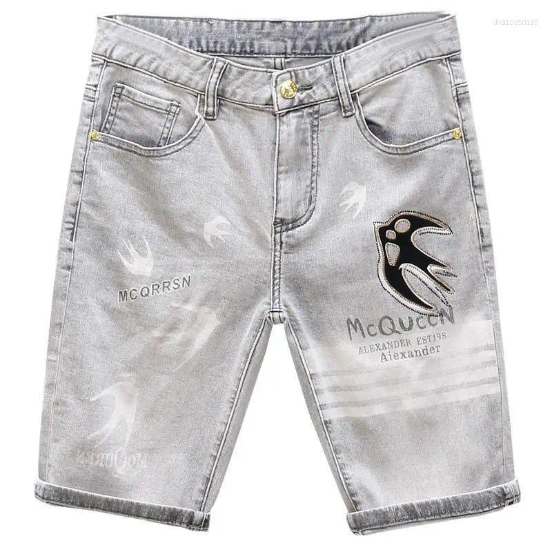 Men's Jeans Summer Fashion Denim Knee Length Shorts Casual Jean For Men Grey Printing With Studded Diamonds Short Pants