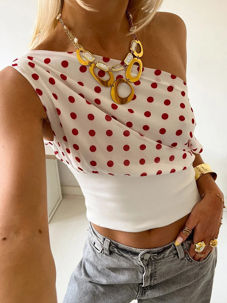 Weird Puss Polka Dots Print TShirts Women Summer Trend Skew Collar Off Shoulder Backless Street Fashion Ruched Crop Tops 250514