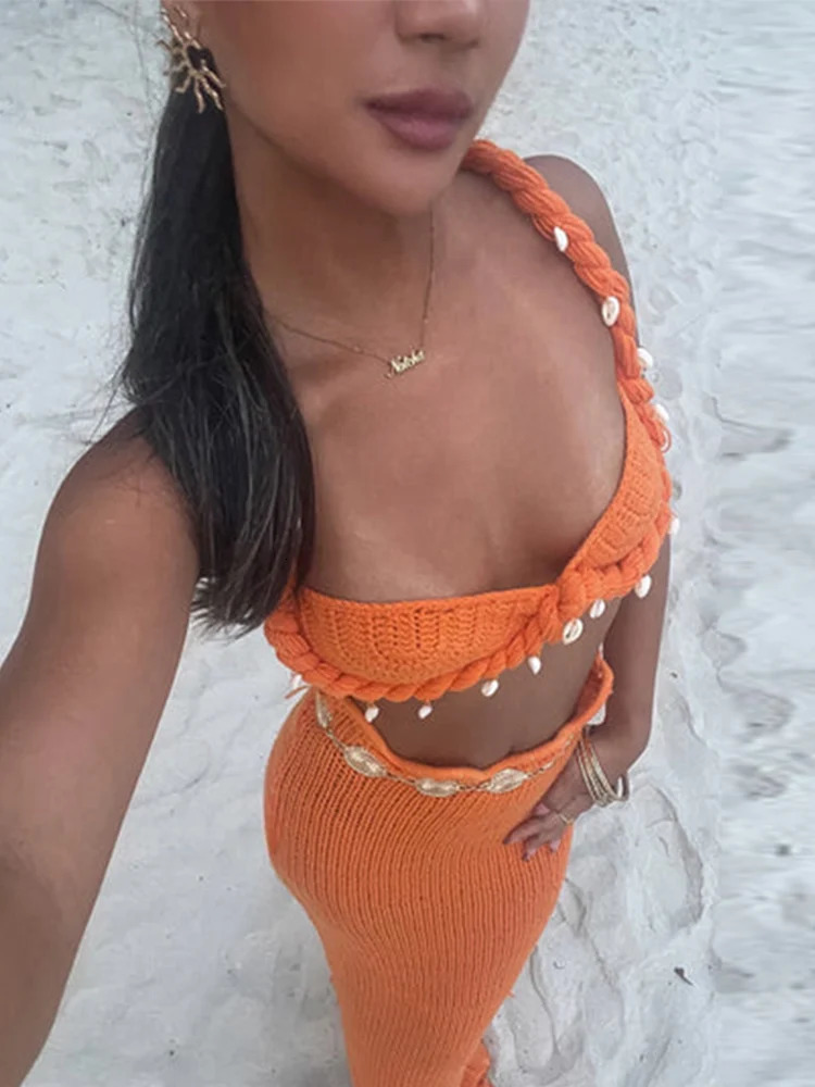 Sexy Knit Beach Skirts Suits Women Elegant Twisted Patchwork Shell Bra Top Sets Female High Waist Vacation Set 2 Pieces 250514