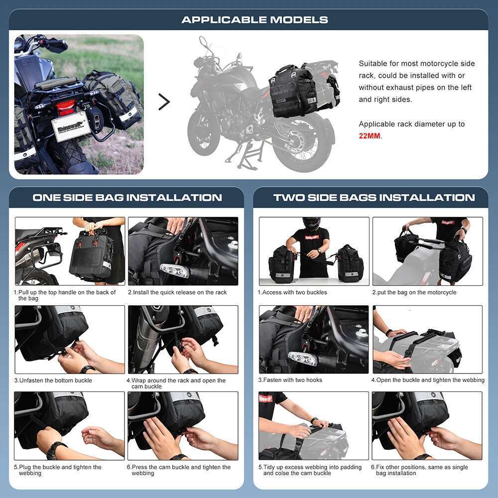 Rhinowalk Motorcycle Side Fully Waterproof Inside 20L Expand 30L Universal Hook Saddle Bag With Removable Motorbike Lage