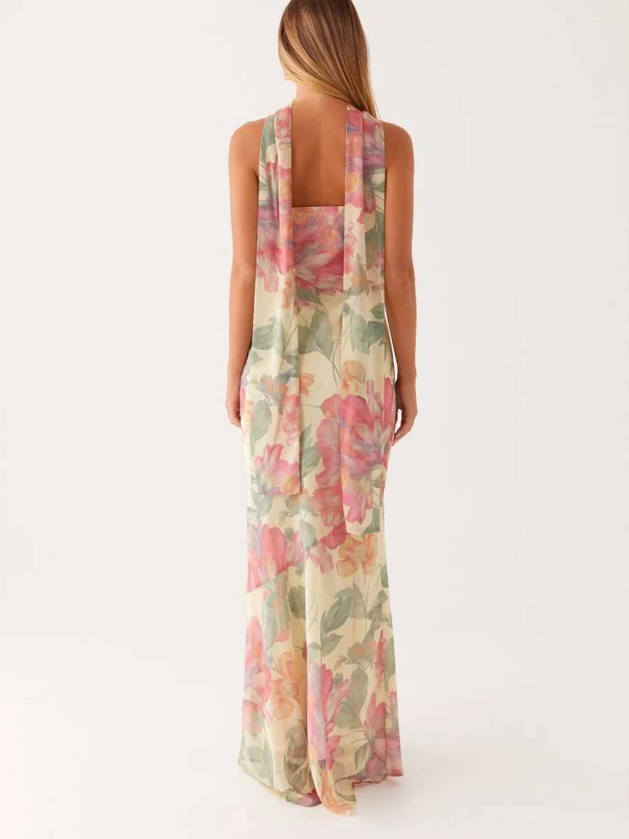 Womens Floral Strapless Dress Sexy Backless Maxi Long Dress Y2K Sleeveless Mesh Bodycon Tube Dress with Neck Scarf SundressXJ250514