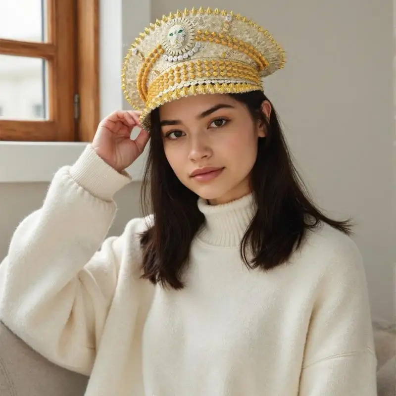 Gold Lion Sequined Rivet Studded Hat Headwear For Fashion Women Night Event Theme Party Accessories Marine Hat Headpiece 250513
