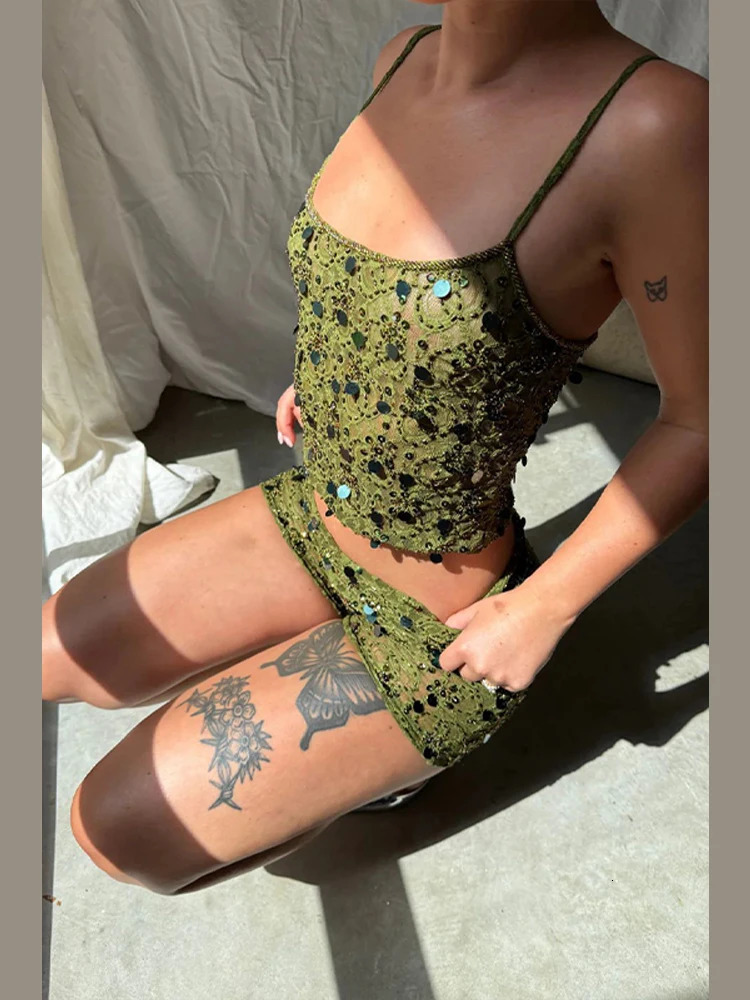 Sexy Sequined Shorts Sets Women Glitter Sling Camisole Slim Crop Tops A Line Mini Skirt 2025 Summer Vacation Beach Outfits Lady 250513